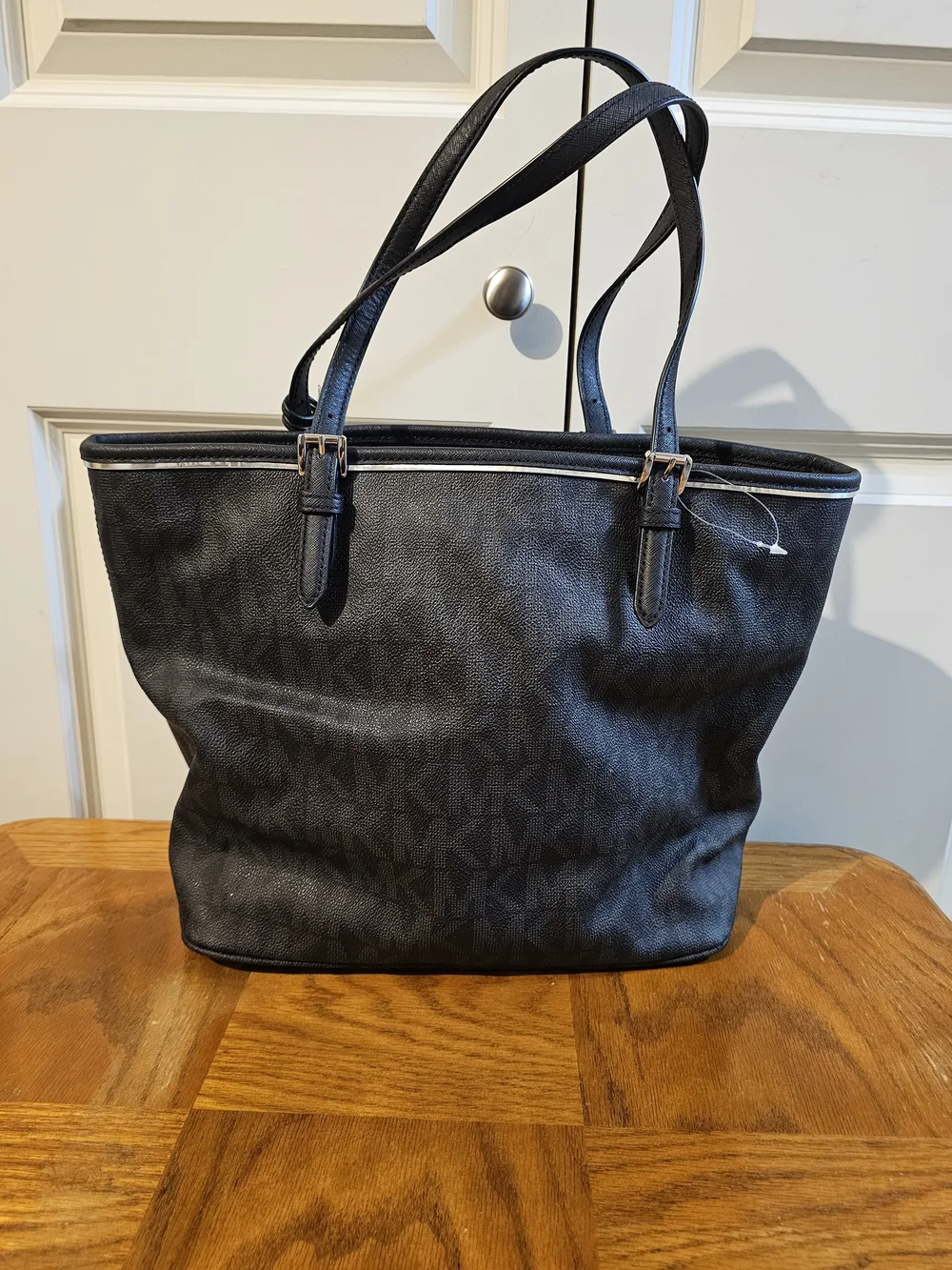 Michael Kors Black Logo Tote with Silver Charm and Trim